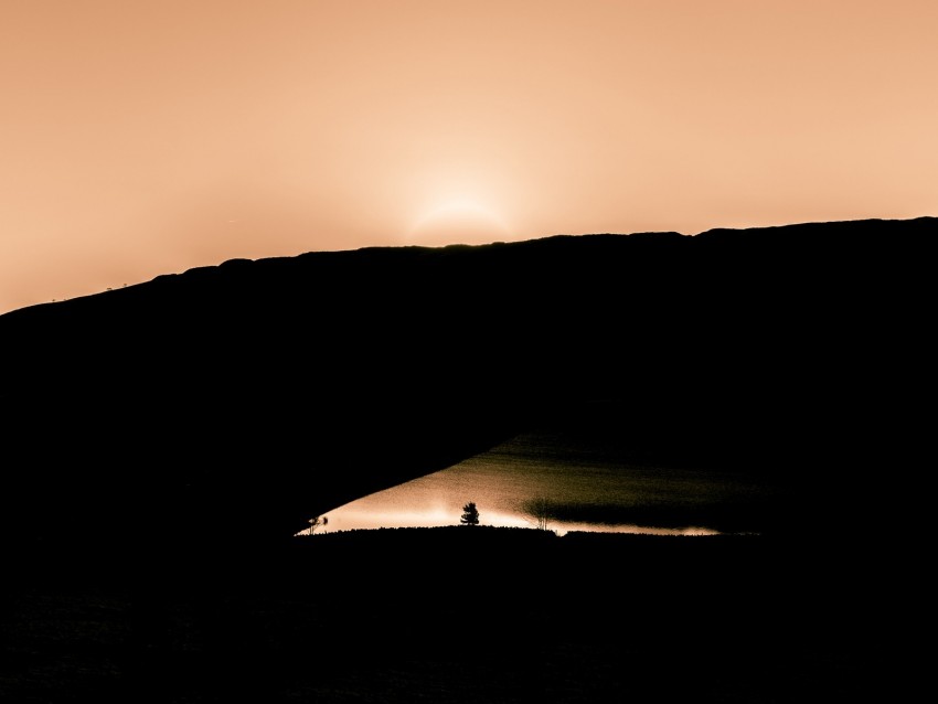 sunset, dark, landscape, water, shore