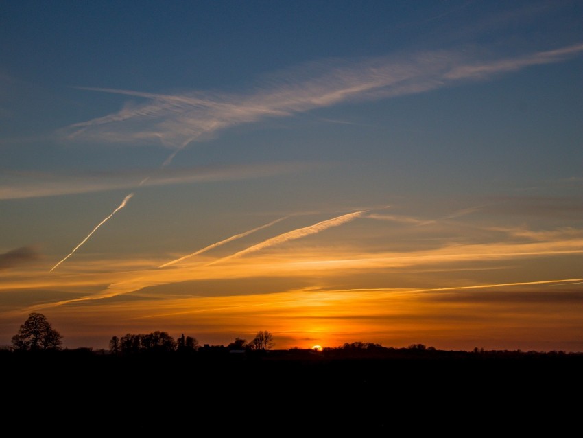 sunset, horizon, sky, clouds, sun