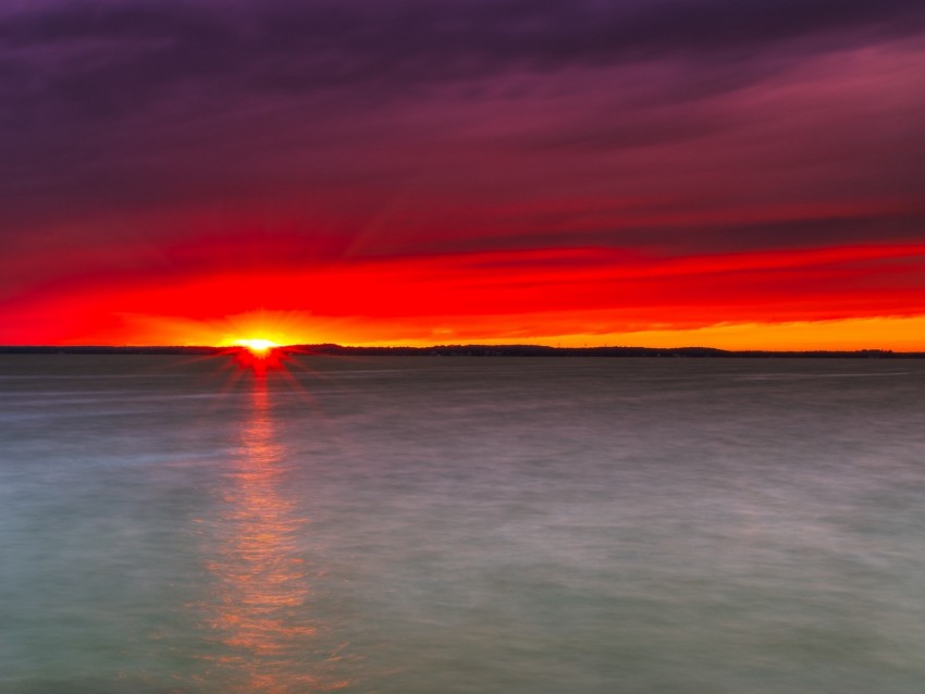 sunset, lake, horizon, stone, water