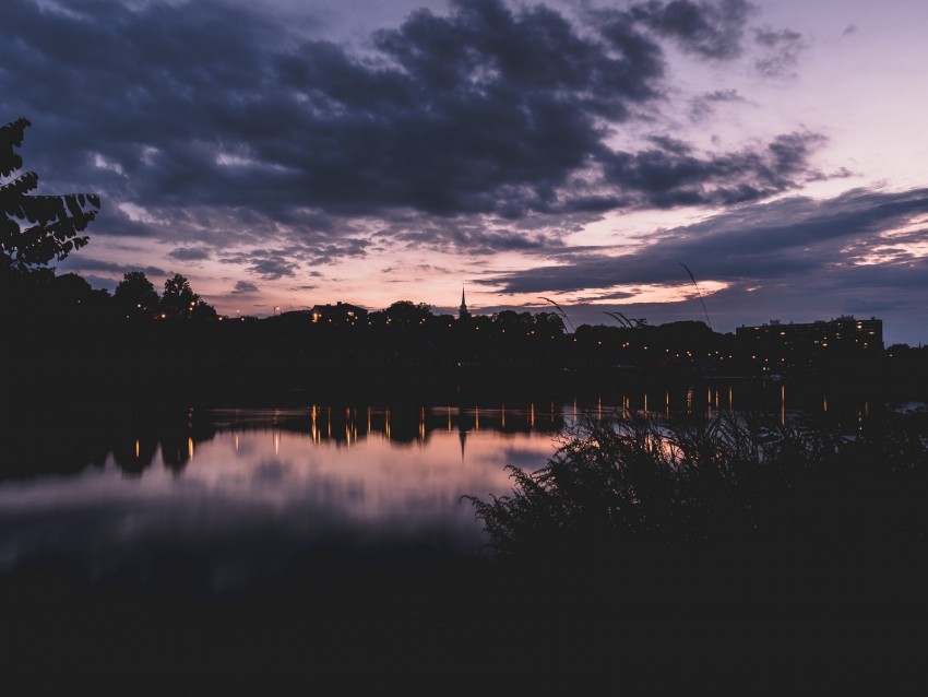 Sunset Night River Buildings Outlines Highland Park Michigan Background