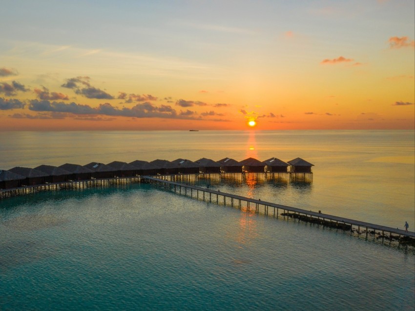 sunset, ocean, bungalow, sun, pier, beach vacation