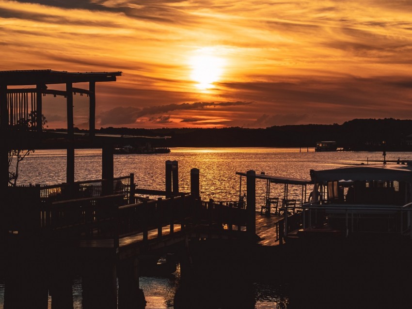 sunset, pier, river, evening, twilight