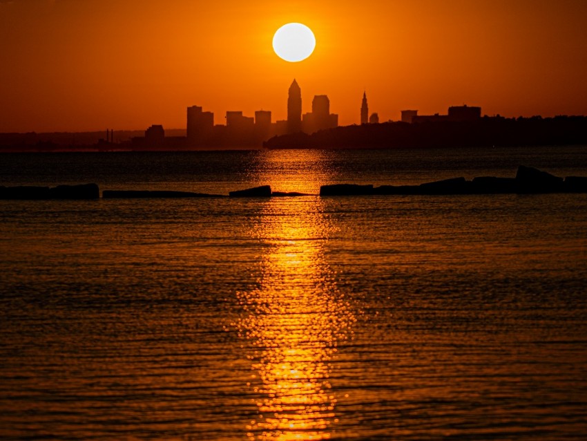 sunset, sea, city, dark, horizon