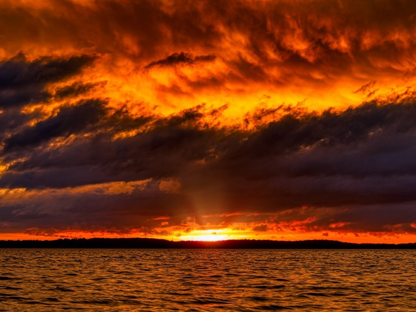 sunset, sea, horizon, water, clouds