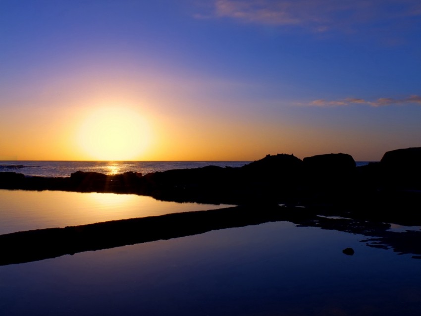 sunset, sea, rocks, outlines, silence, horizon