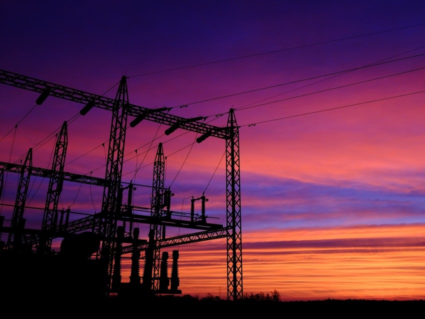 Sunset Sky Wires Lines Pillars Background