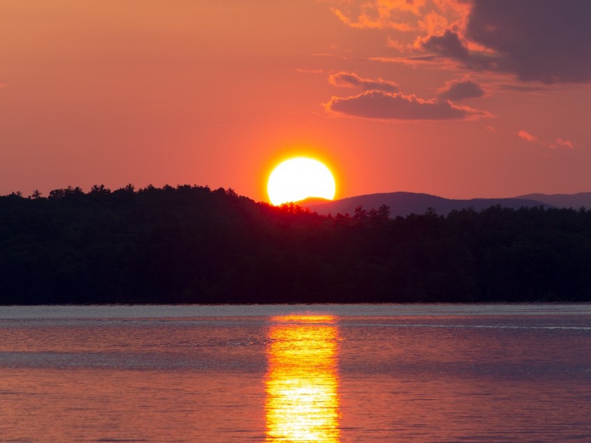 sunset, sun, river, reflection, landscape