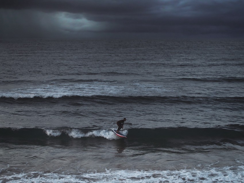 Surfer Surfing Waves Sea Ocean Overcast Background