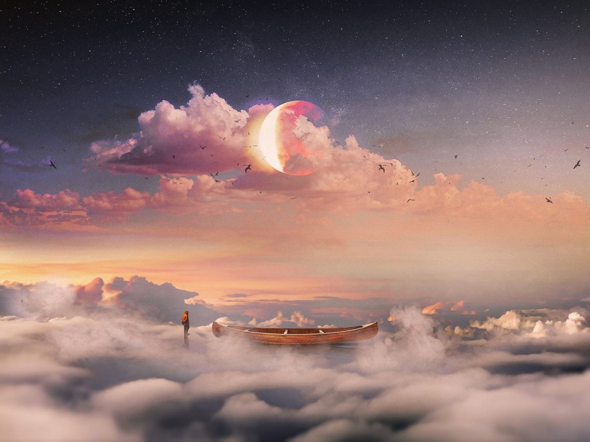 surrealism, boat, clouds, lonely, man, starry sky