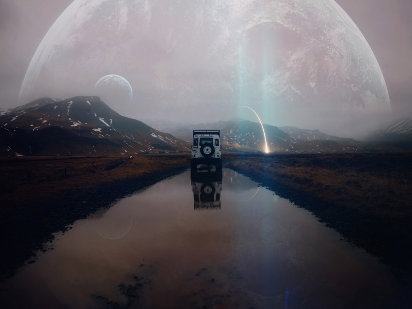 suv, mountains, water, landscape, alien, traveling, meteorite