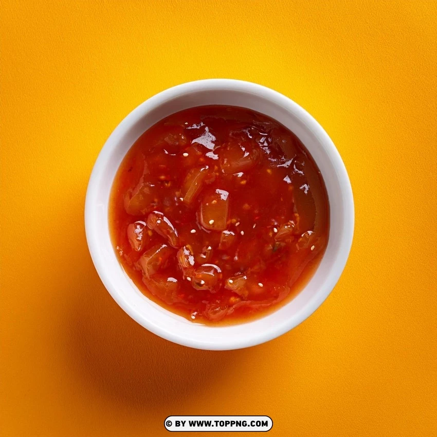 Sweet And Sour Sauce In A White Bowl On Plain Yellow Backdrop PNG Transparent Background