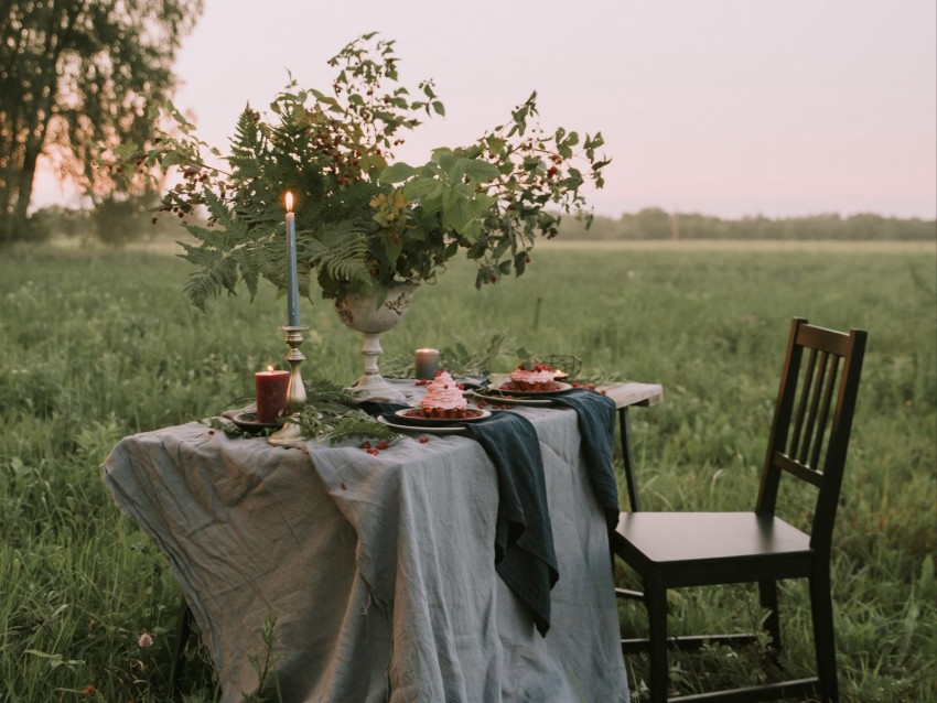 Table Chair Lawn Nature Romance Background