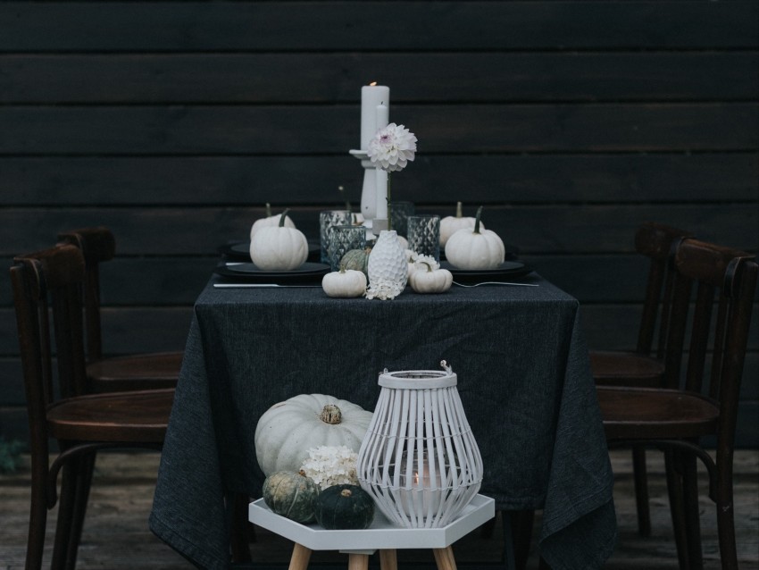 table, chairs, pumpkin, dinner