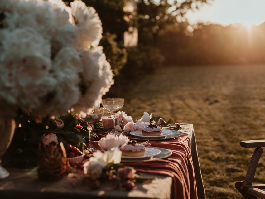 Table Dishes Table Setting Flowers Dessert Background