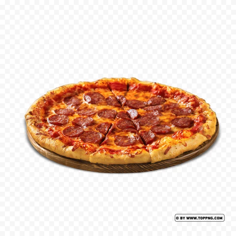 Tasty Pepperoni Pizza Displayed On A Wooden Plate PNG Transparent Background