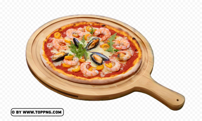 Tasty Seafood Pizza On Wooden With High Quality PNG Transparent Background