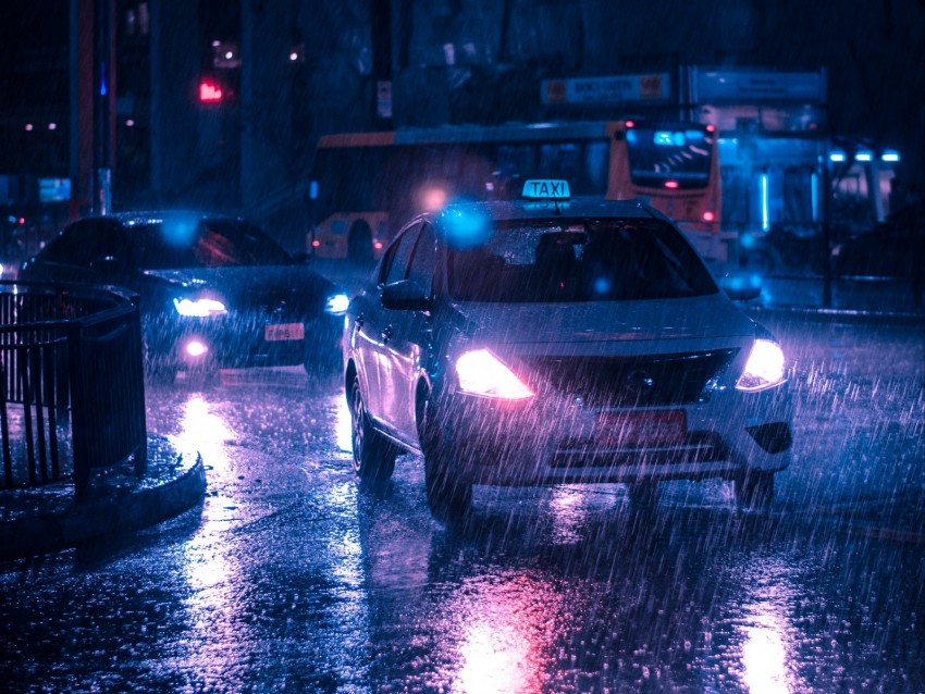 taxi, car, rain, night city, street