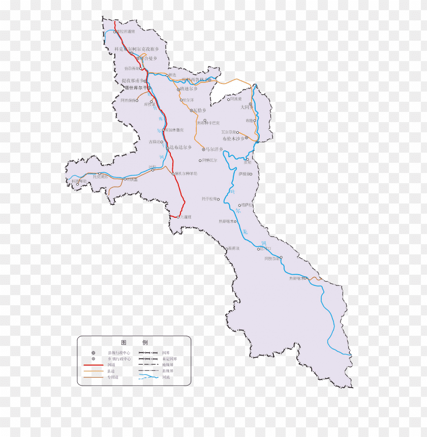 Map highlighting major routes and regions with labels and legends PNG