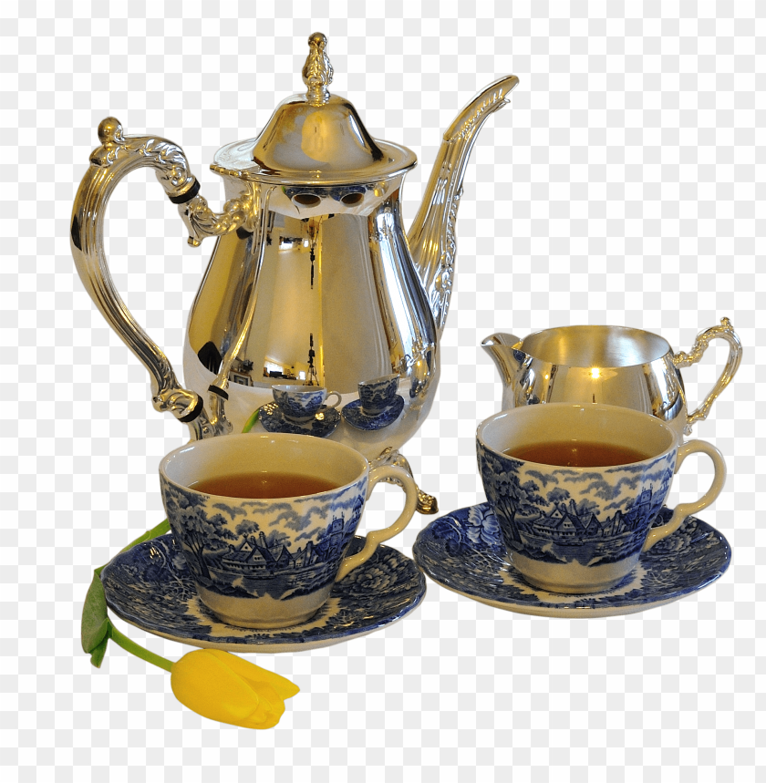 tea, teapot, teacups, blue and white china, serving set, floral design, yellow tulip