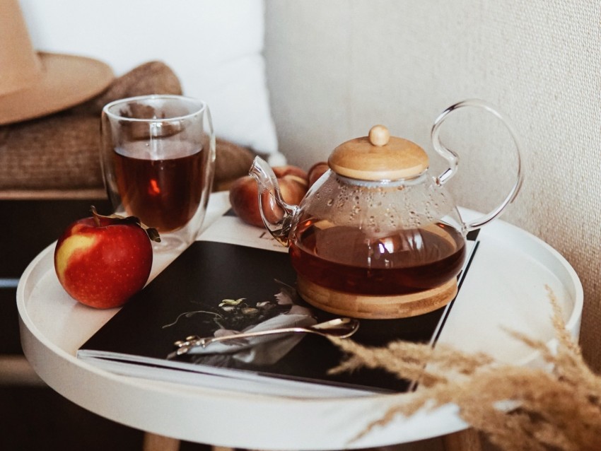 teapot, tea, apple, glass, drink