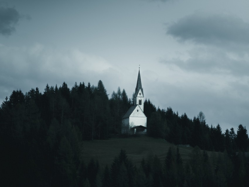 temple, forest, trees, overcast, clouds