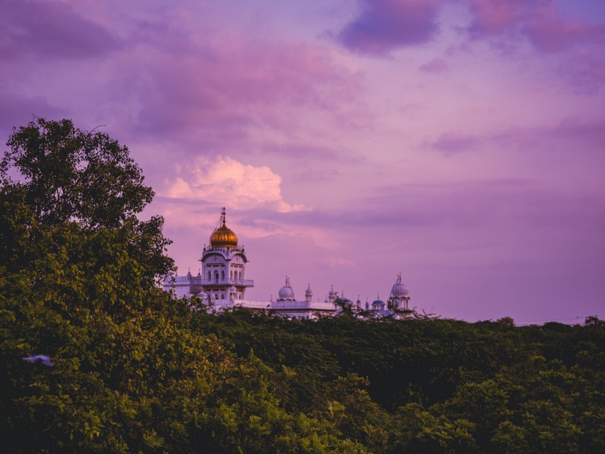 temple, trees, sunset, clouds, horizon