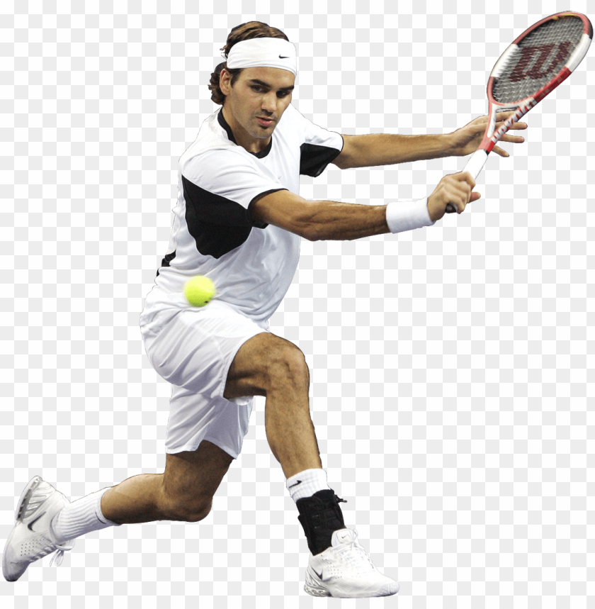 Roger Federer hitting a tennis ball in action, wearing sports attire.