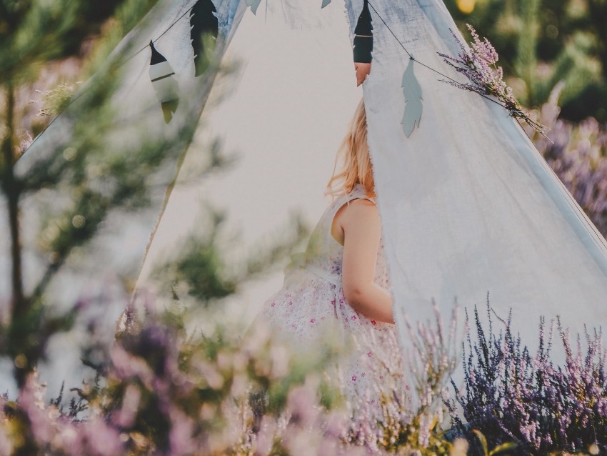 Tent Child Flowers Lavender Nature Background