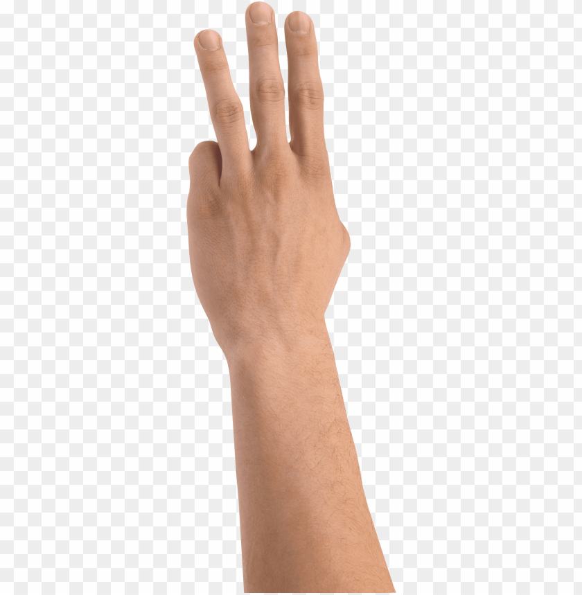 Hand showing three fingers gesture on a transparent background.