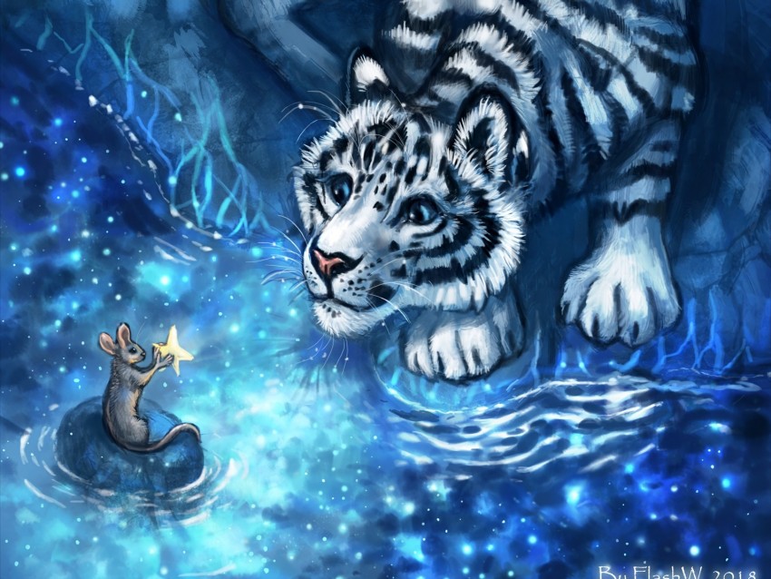 tiger, mouse, cub, art, animals, cute