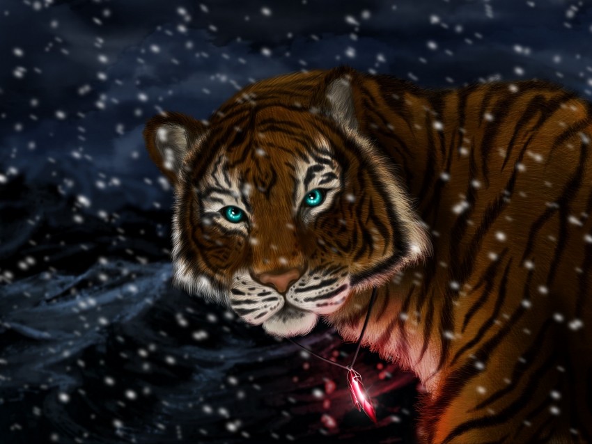 tiger, snow, art, predator, pendant, glance