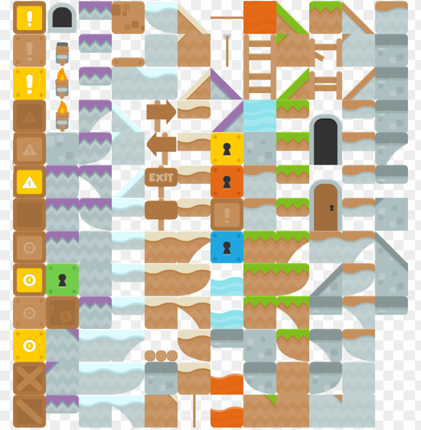 game level design, nature elements, water patterns, land textures, obstacle markers, colorful blocks, exit signs