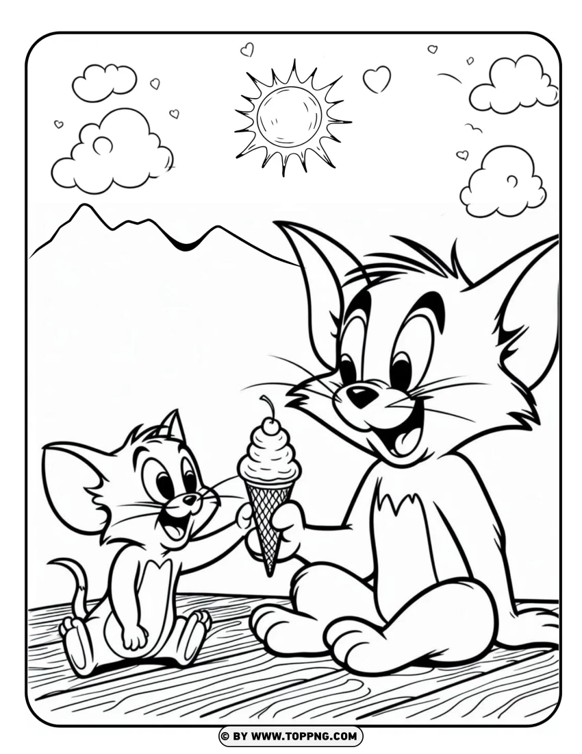 Tom And Jerry Enjoying Ice Cream In The Sun Coloring Page PNG Transparent Background