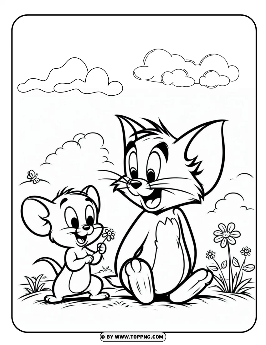 Tom And Jerry Sitting In A Meadow Coloring Page PNG Transparent Background