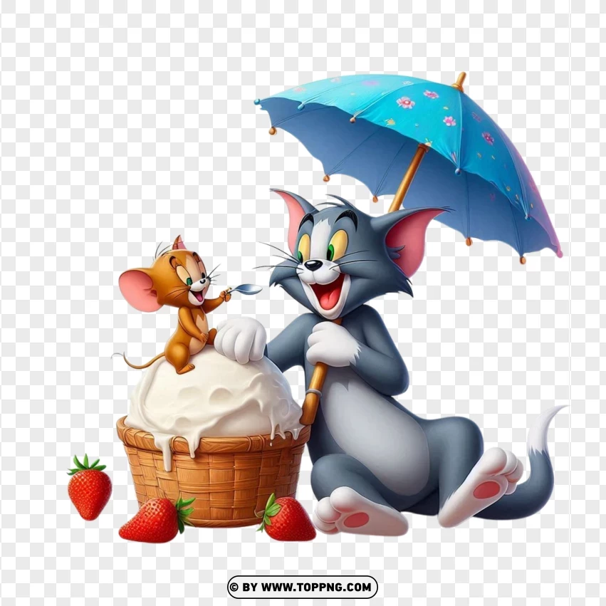 Tom And Jerry With An Umbrella And Picnic Basket PNG Transparent Background