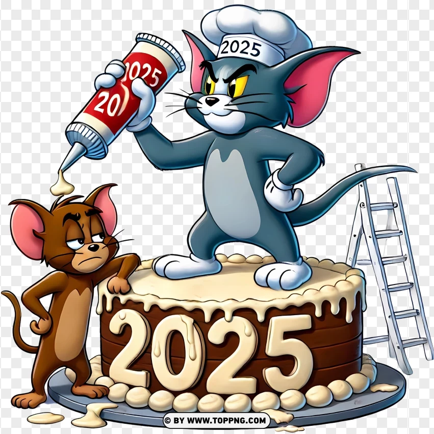 Tom Decorating A 2025 Cake While Jerry Helps PNG Transparent Background