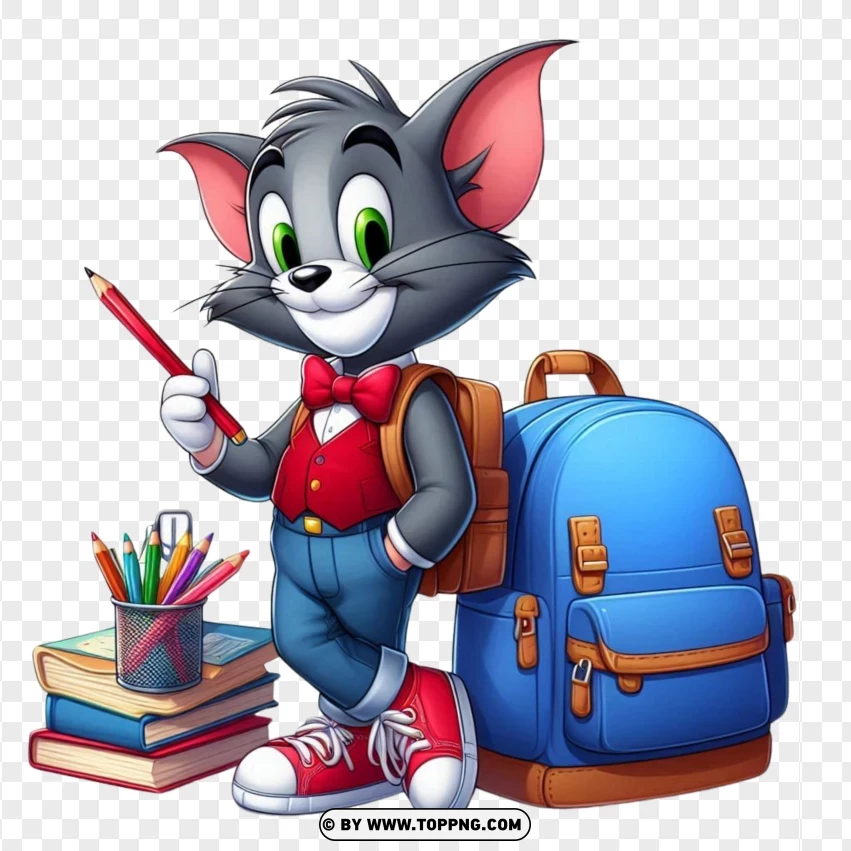 Tom The Cat Holding A Pencil And School Supplies PNG Transparent Background