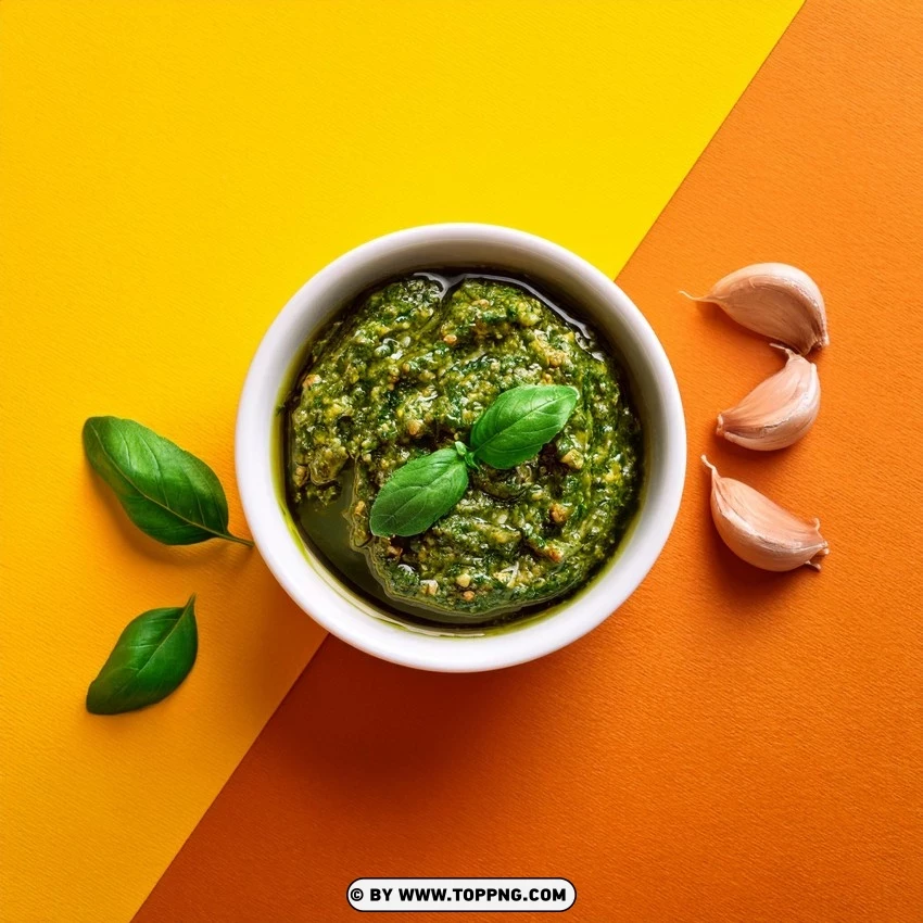 Top View Classic Pesto Sauce In Bowl Surrounded By Garlic And Basil PNG Transparent Background