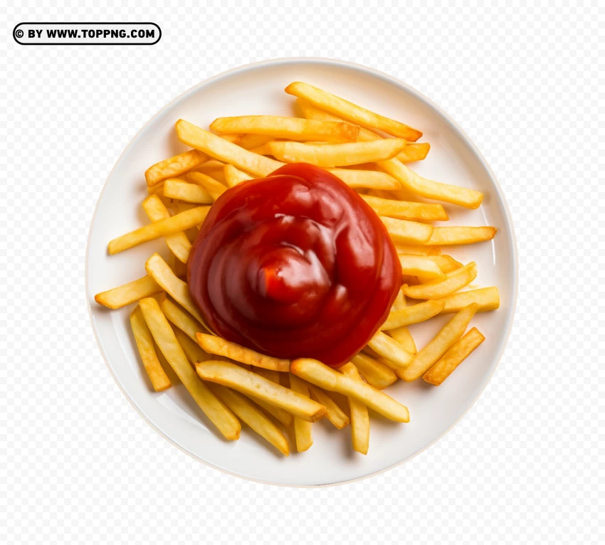 Top View Of French Fries With Ketchup On Ceramic Plate PNG Transparent Background