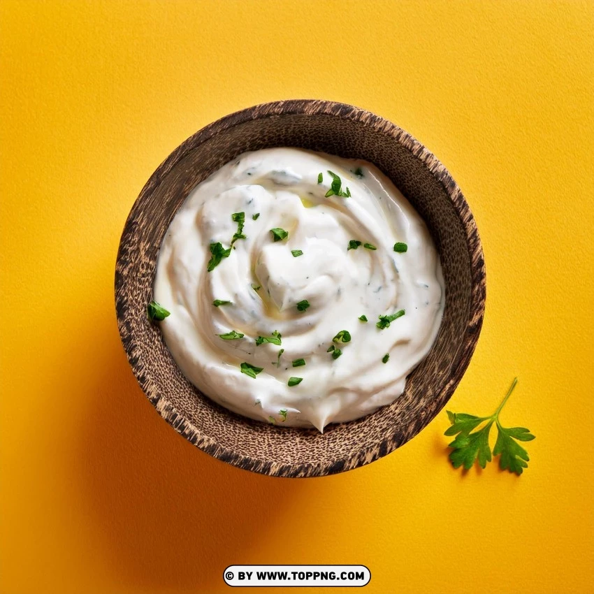 Top View Rustic Tartar Sauce In Wooden Bowl Garnished With Parsley PNG Transparent Background