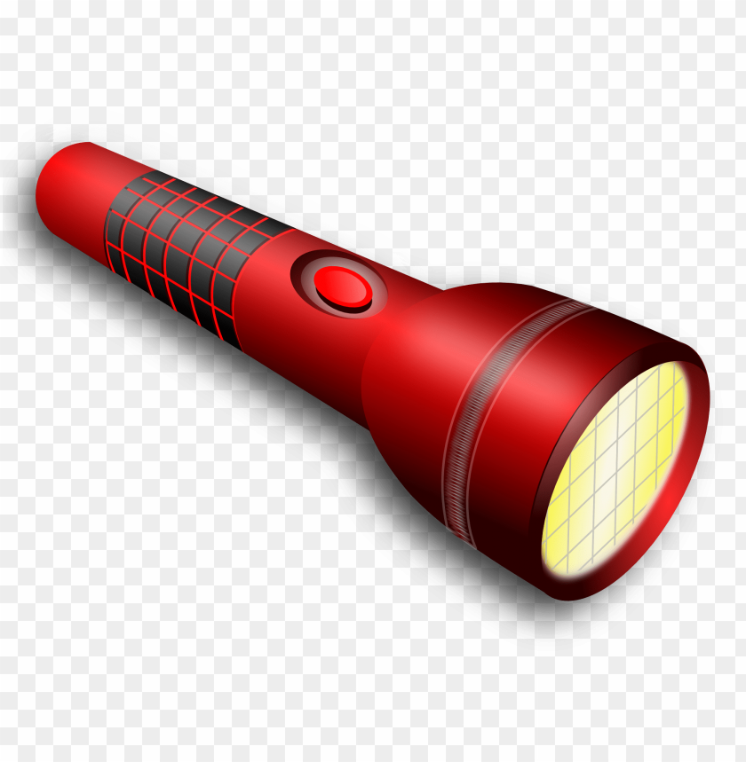 Red flashlight with a textured grip and a circular light lens, on a transparent background.