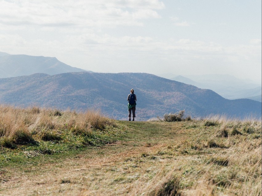 tourist, mountains, fog, path, landscape