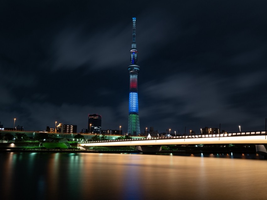 tower, bridge, buildings, night city, architecture, lights