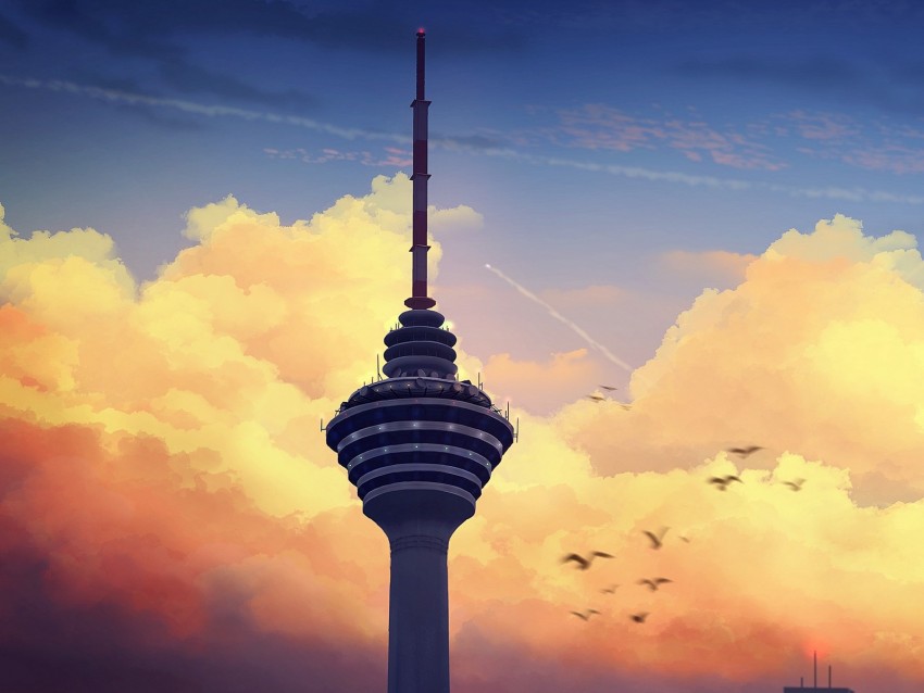 Tower Building Architecture Clouds Art Background