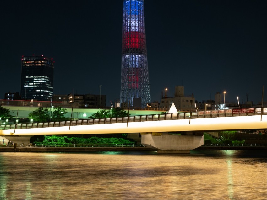 tower, building, architecture, night city, bridge, river