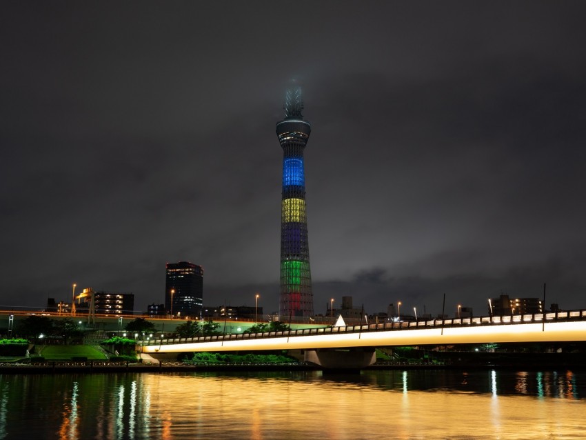 Tower Buildings Night City Architecture Lights Background