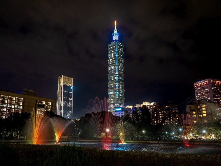 tower, night city, lights, city lights, taipei, taiwan