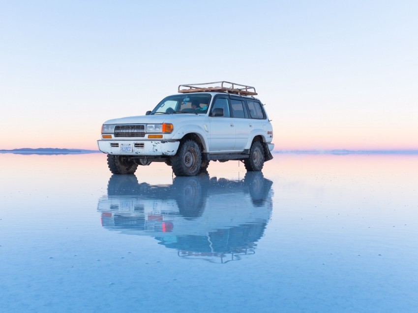 toyota land cruiser, toyota, suv, old, white, water, shallows