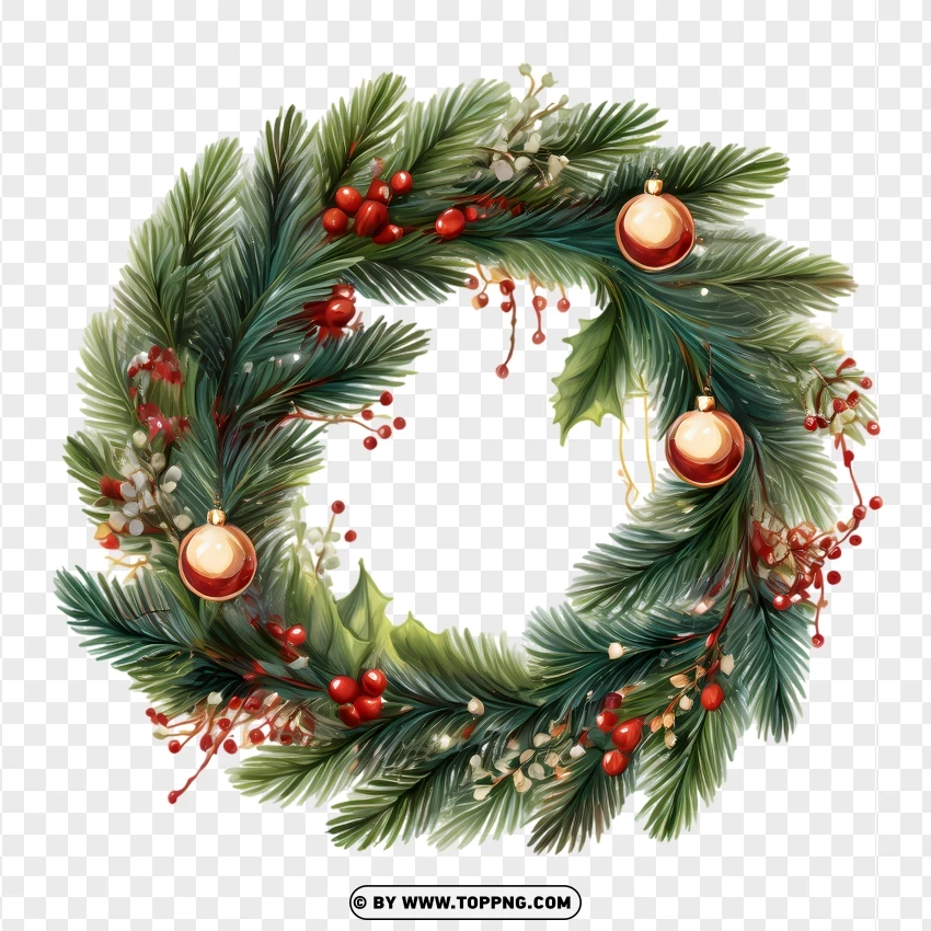 Traditional Christmas Wreath With Berries And Bells PNG Transparent Background