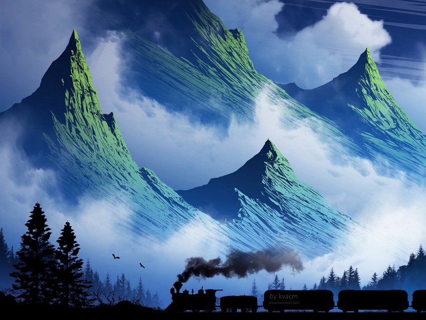 train, mountains, art, fog, smoke